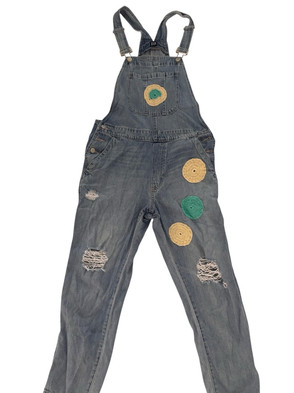 Women Blue Denim Overalls with Handmade Crochet Patch Accents